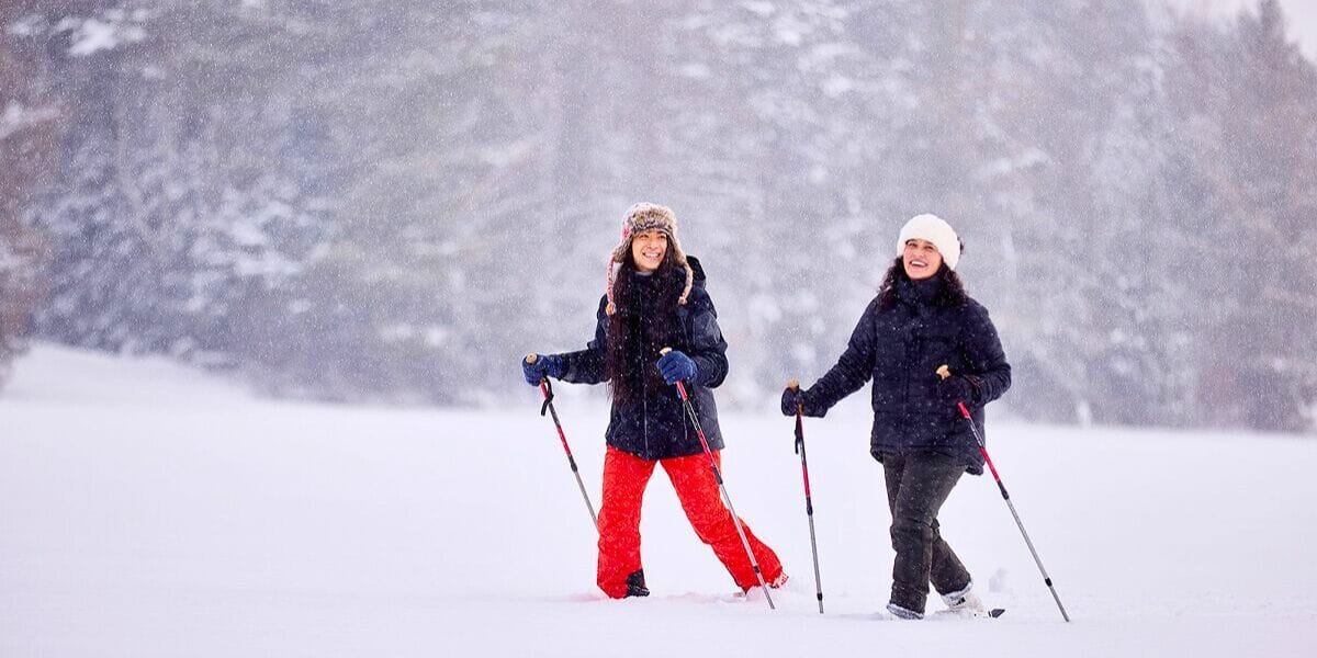 two people snowshoeing in the forest