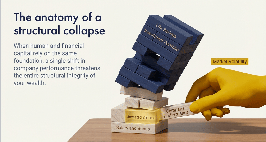 A 3D illustration of a collapsing Jenga tower labeled with salary and unvested shares. A yellow hand labeled market volatility pulls out the company performance block. This conveys how a single shift in company performance threatens the structural integrity of your wealth.