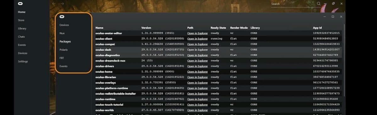 Lists of Oculus PC App cache functions