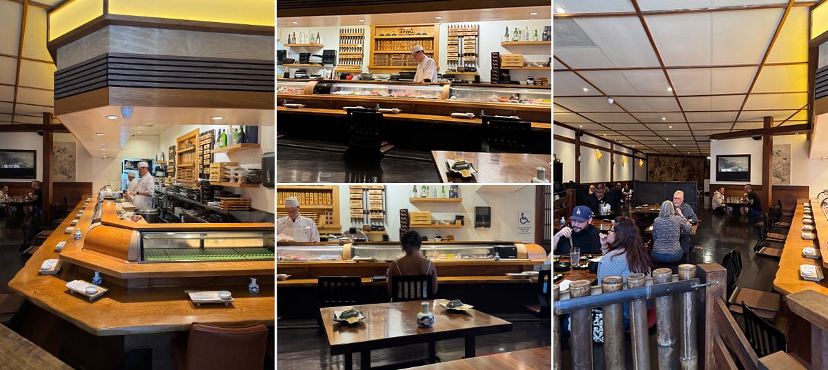 Interior of Irori Japanese Restaurant in Marina del Rey featuring traditional wooden sushi bar, open kitchen with chefs preparing sashimi, and cozy Japanese-style seating area