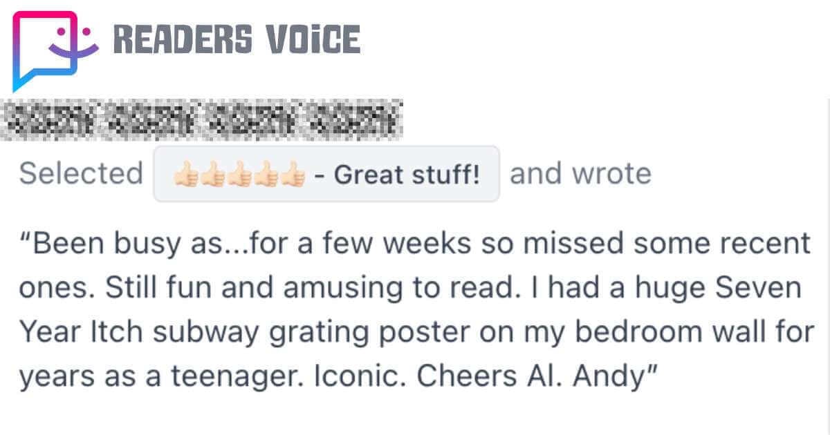 Five-star reader feedback praising SpeakEasy newsletter as 'fun and amusing to read' with personal anecdote about iconic Marilyn Monroe movie poster