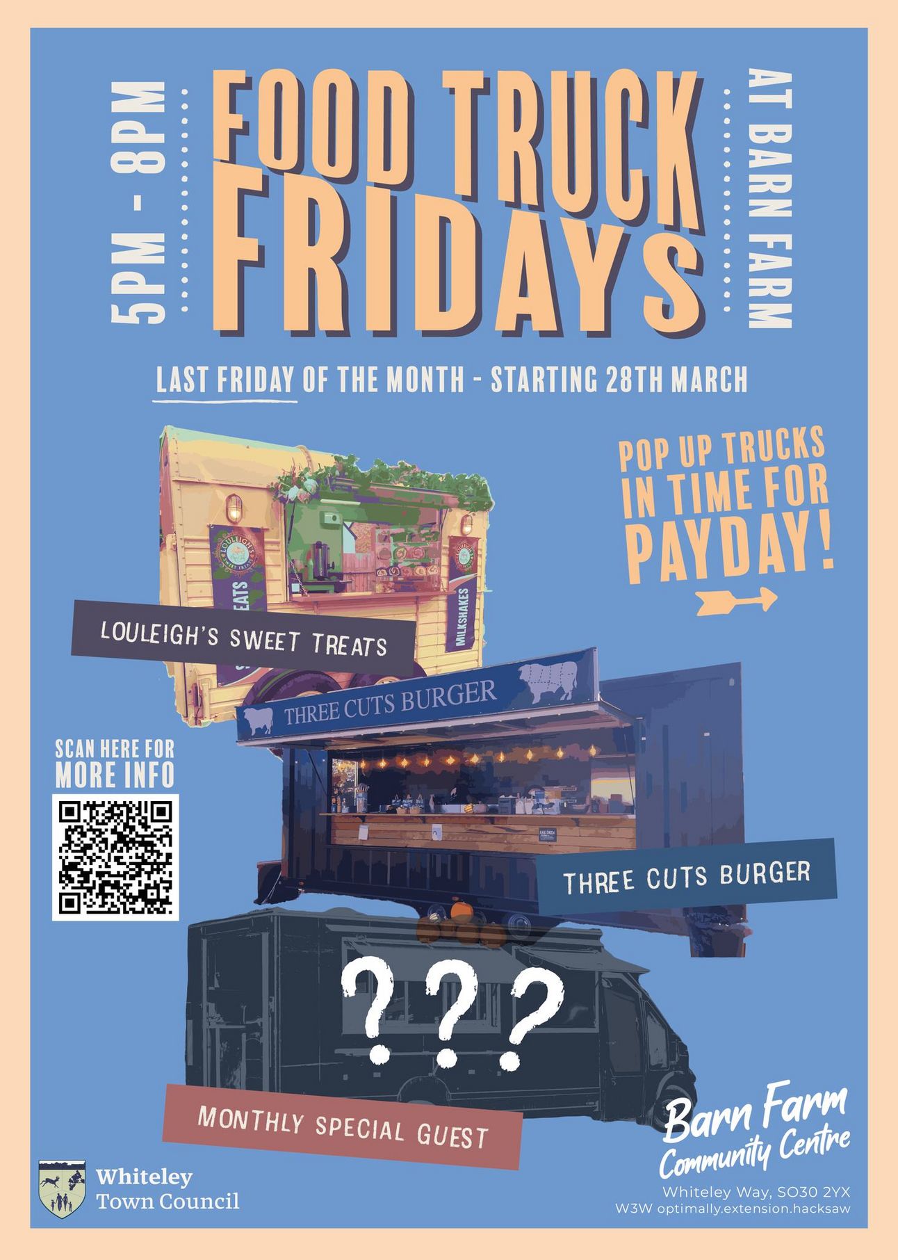 Food truck fridays poster, featuring regular attendees louleighs and three cuts burgers