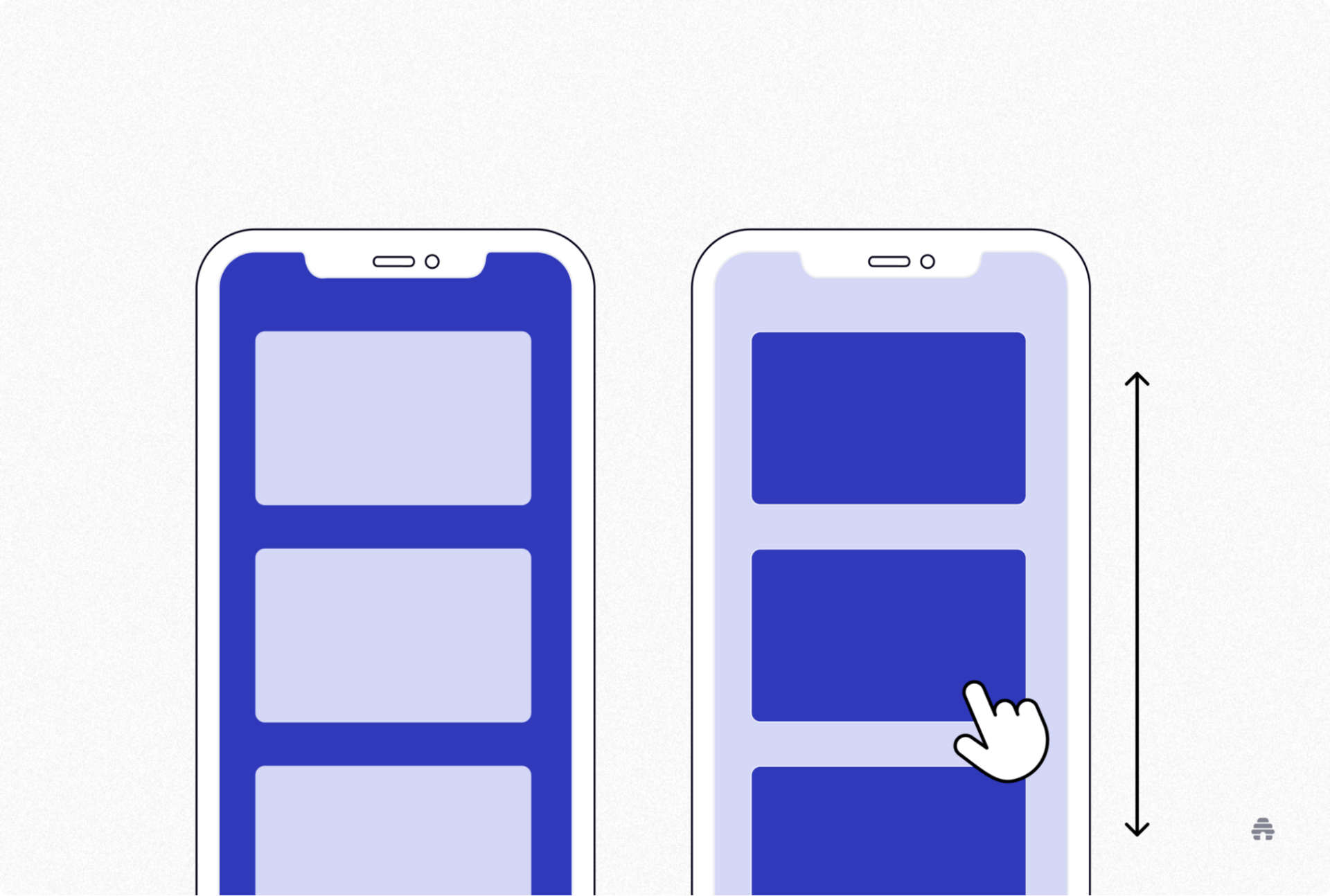beehiiv illustration showing two smartphones with scrollable newsletter layouts, representing mobile-friendly design and improved reader engagement.