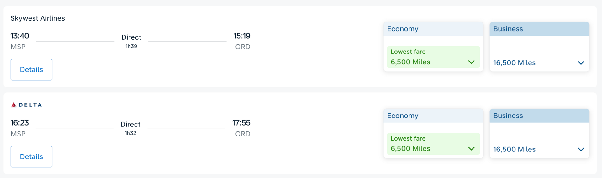 Minneapolis to Chicago on Delta for 6,500 Flying Blue miles