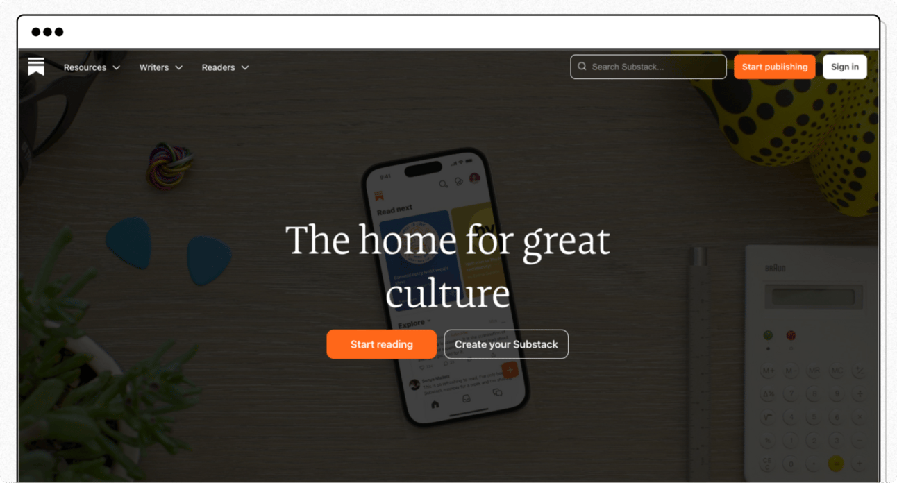 Substack homepage featuring the tagline “The home for great culture” with options to start reading or create a Substack, highlighting a platform where creators publish and grow newsletter audiences.