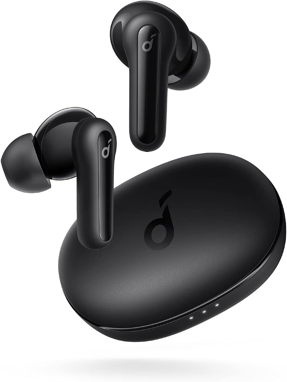 Soundcore by Anker Life P2 Stylish black earbuds with long stems shown in a pill-shaped case—great for long listening sessions, work calls, or commuting.