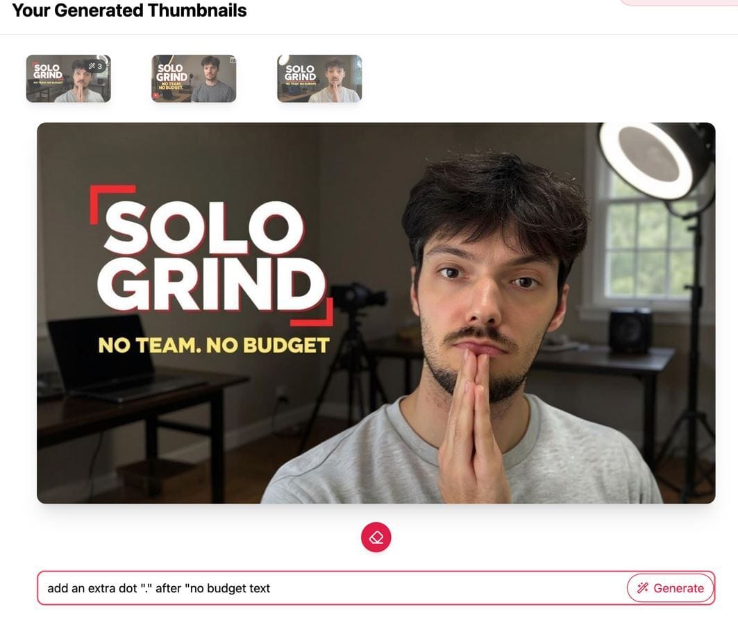 AIThumbnail.so with "Your Generated Thumbnails" showing "Solo Grind No Team, No Budget" image, prompt to add dot after "budget,"