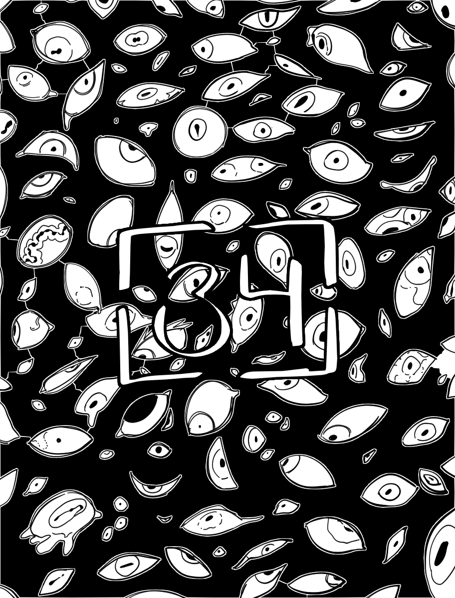 Desenho monocromático. O desenho é um fundo preto preenchido com diversos olhos. Alguns são humanos, enquanto outros parecem pertencer a animais. No meio deles, há alguns que não pertencem a nenhum ser vivo, contendo várias pupilas, ou íris cobrindo quase toda a esclera, ou até mesmo órbitas que parecem derretidas. No centro do desenho há o número trinta e quatro para indicar o capítulo.