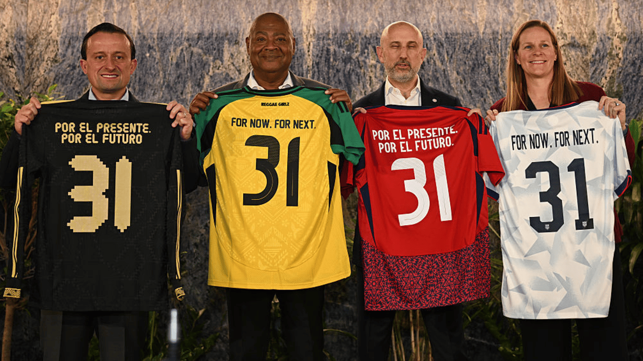 Mexico federation president Mikel Arriola, Jamaica federation president Michael Ricketts, Costa Rica federation president Osael Maroto, and U.S. Soccer President Cindy Parlow Cone hold up jerseys as they announce the four countries hosting the 2031 FIFA Women's World Cup during the FIFA Women's World Cup 2031 Bid Announcement Event