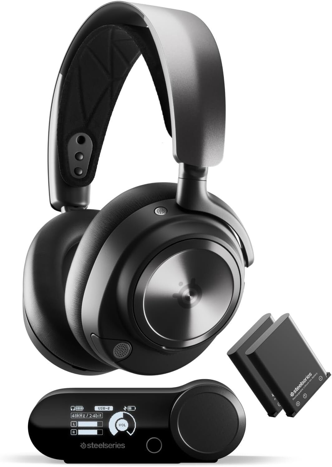 Elite Gaming Headset with Spatial Audio Close-up of a high-end wireless gaming headset with a sleek matte-black design and cushioned ear cups, placed on a gaming desk with RGB lighting in the background—ideal for immersive GTA audio.