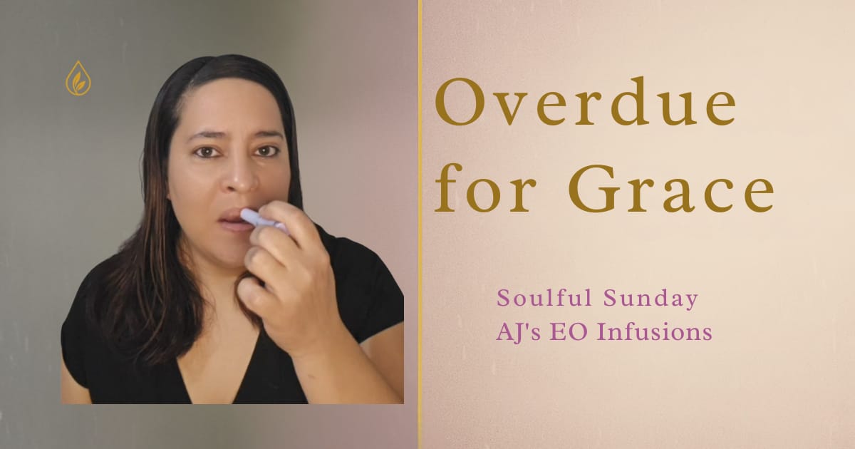 Jenice Story applying AJ’s EO Infusions Lip Butter Scrub, lavender-gold background with text reading “Overdue for Grace?”
