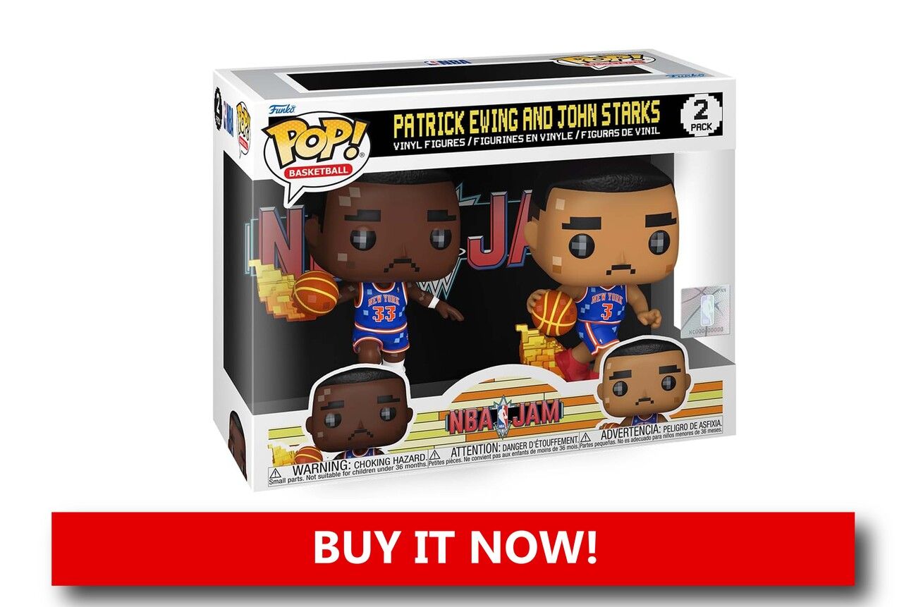 New York Knicks Patrick Ewing & John Starks Funko Pop! A dual Funko Pop! vinyl figure set featuring Patrick Ewing and John Starks in their Knicks jerseys, styled in Funko’s cartoonish proportions, packaged in a collector box with team graphics.