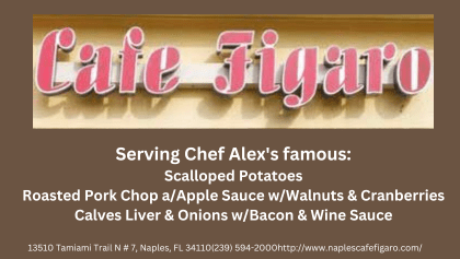 A restaurant sign that says cafe figali serving chef alex 's famous scallops potatoes, pork chop / apple sauce w / walnuts & apples liver &