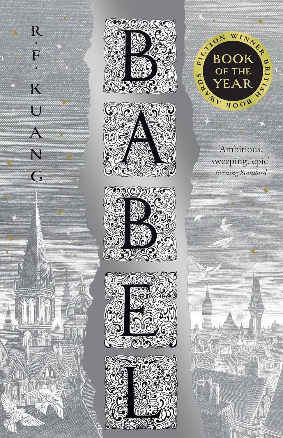 Illustrated cover of gothic Oxford architecture, with ornate lettering spelling “BABEL” and metallic stars scattered across a grey backdrop.