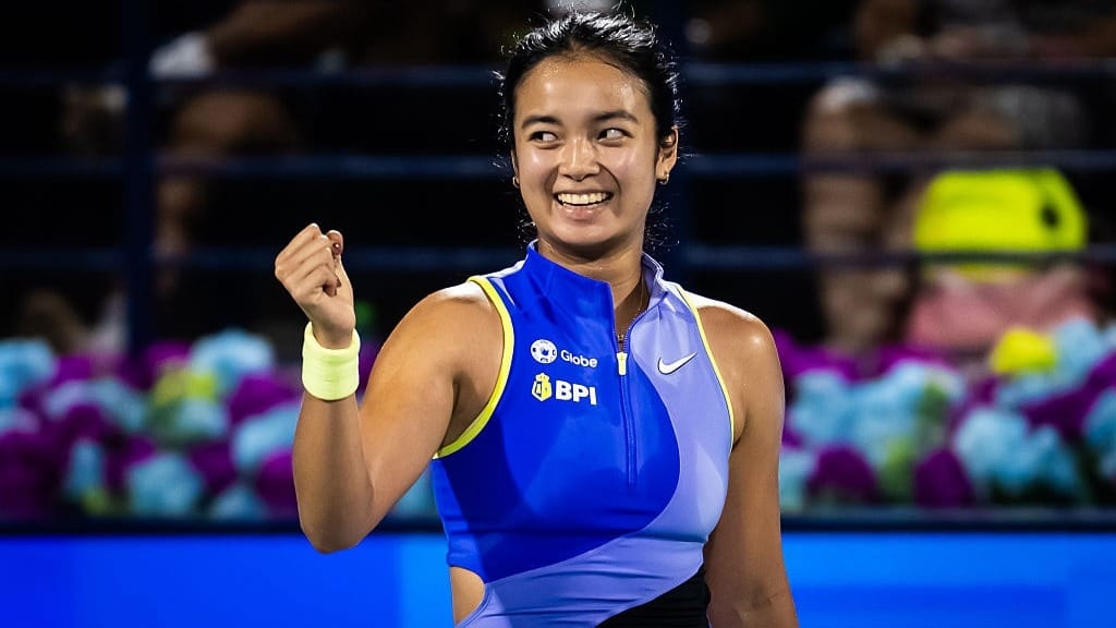 Alexandra Eala of the Philippines reacts while playing against Coco Gauff of the United States in the quarter-final on Day Five of the Dubai Duty Free Tennis Championships.