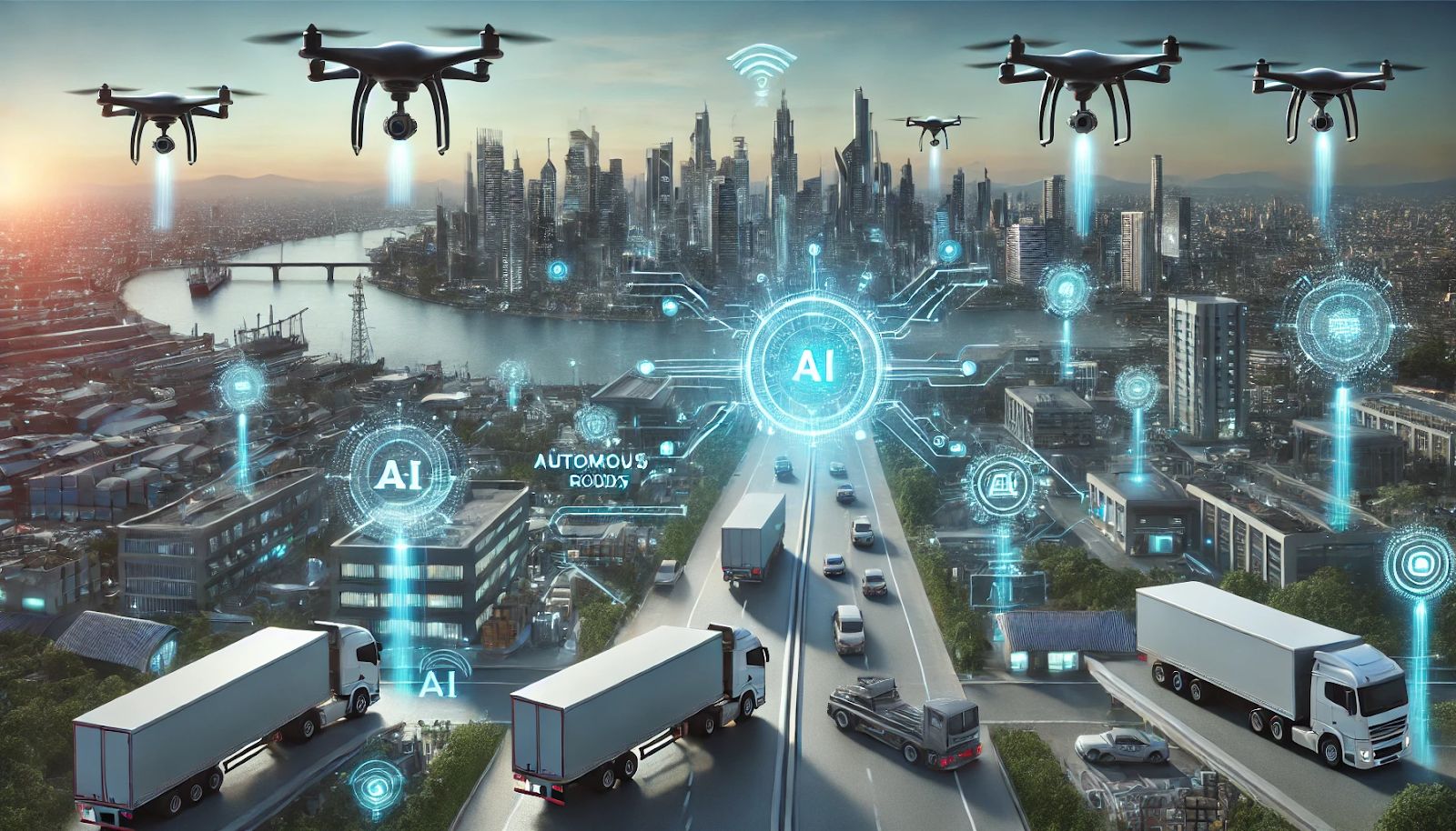 A futuristic cityscape with drones delivering goods, autonomous trucks navigating the streets, and holographic AI systems overseeing the process.