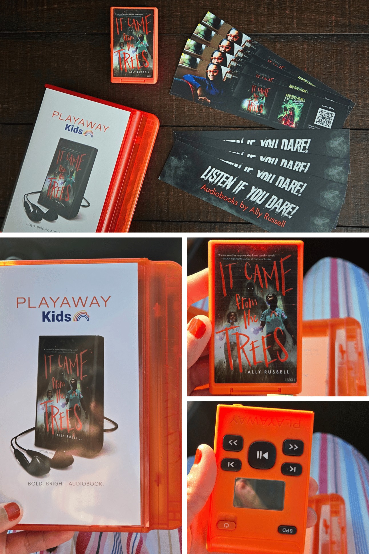 Photos of It Came from the Trees as a Playaway book and bookmarks that read: Listen if you dare! Audiobooks by Ally Russell