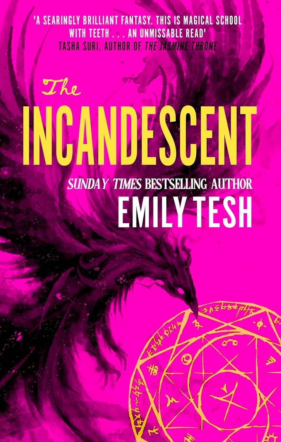 Vivid neon pink and yellow cover with a magical sigil and a black dragon-like creature in swirling ink.
