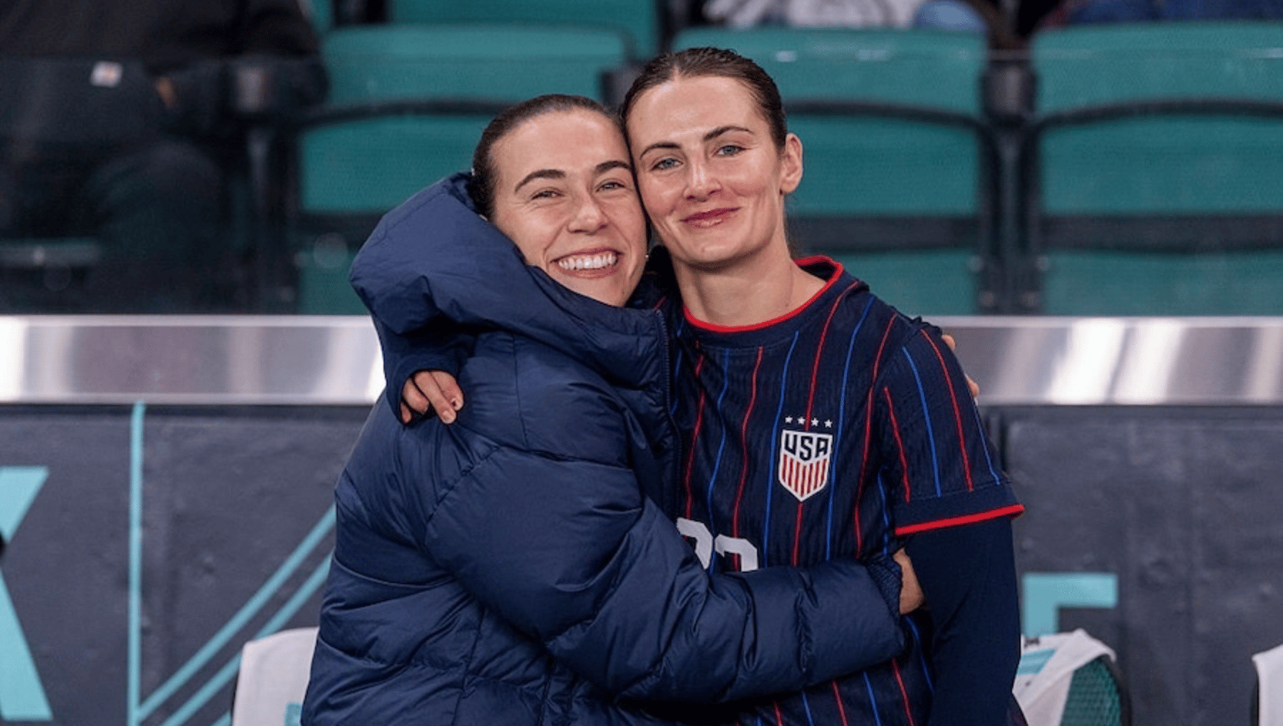 Sam Coffey #17 and Emily Fox #23 of the United States pose for a photo during a game between New Zealand and the USWNT