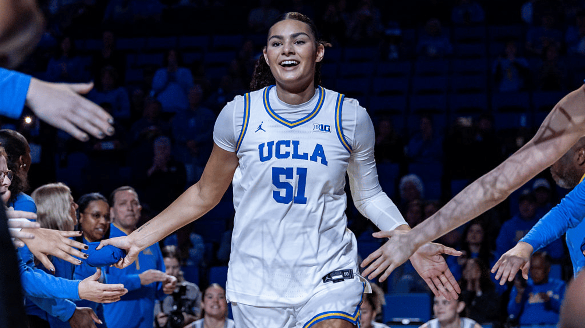 Center Lauren Betts #51 of the UCLA Bruins is introduced in the starting lineups before a game against the Oregon Ducks at Pauley Pavilion on December 7, 2025 in Los Angeles, California.