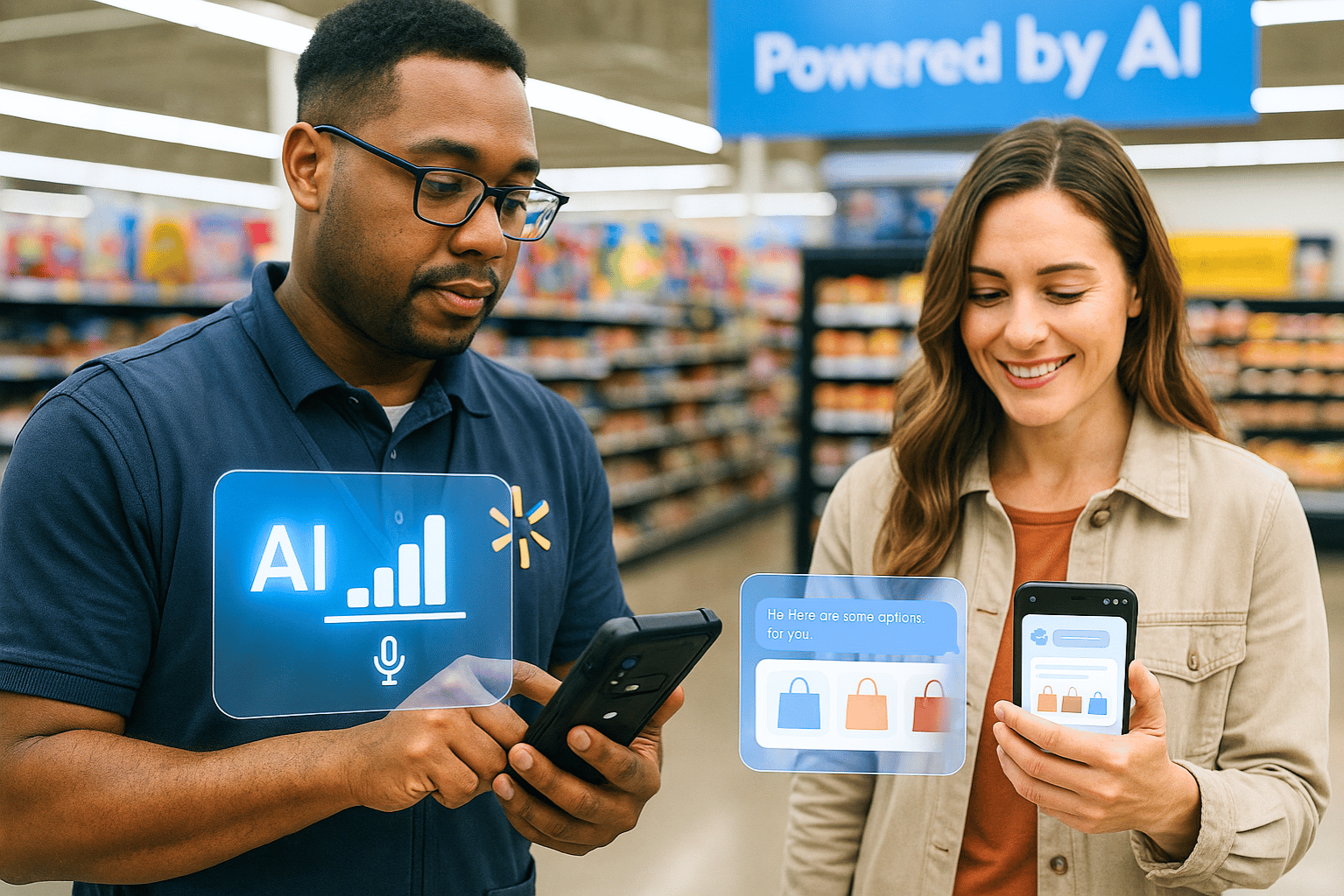 A Walmart associate in a navy-blue uniform stands in a brightly lit store aisle, holding a handheld device that displays a colorful AI interface with charts, voice assistant prompts, and product recommendations. Nearby, a shopper looks at their smartphone, where a chatbot—representing Walmart’s AI agent “Sparky”—suggests items based on a typed query. The aisle is neatly stocked, and a subtle digital sign above reads “Powered by AI,” signaling the store’s use of intelligent systems to assist both customers and staff.