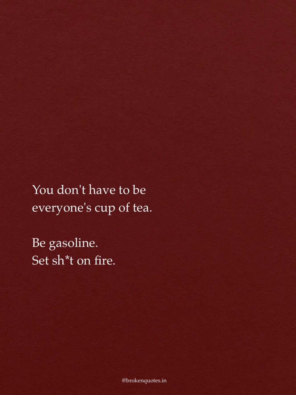 You don't have to be everyone's cup of tea. Be gasoline. Set sh*t on fire.