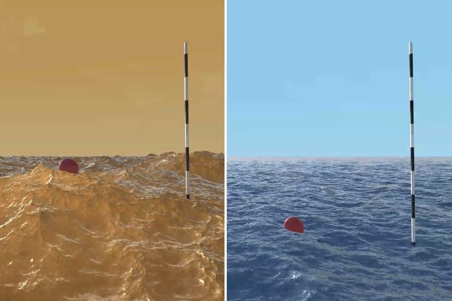 Side by side comparison of waves on Titan, which are much higher than they are on Earth for the same wind speed.
