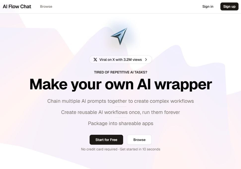 A webpage for "AI Flow Chat" with a pastel background, featuring text: "Tired of repetitive AI tasks? Make your own AI wrapper." Includes "Start for Free" and "Browse" buttons.