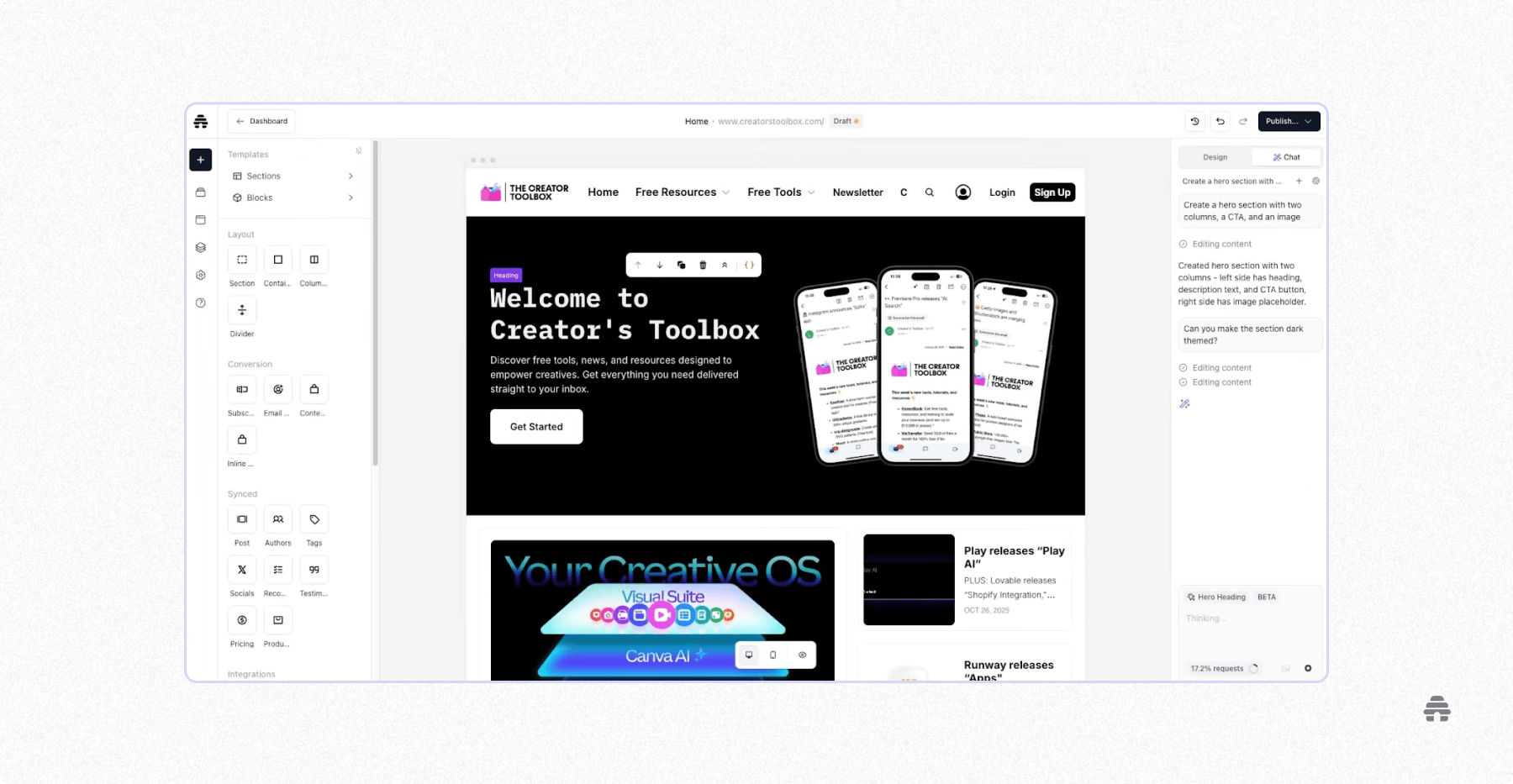 beehiiv website builder interface where creators design a newsletter site with customizable sections, layouts, and signup calls to action.
