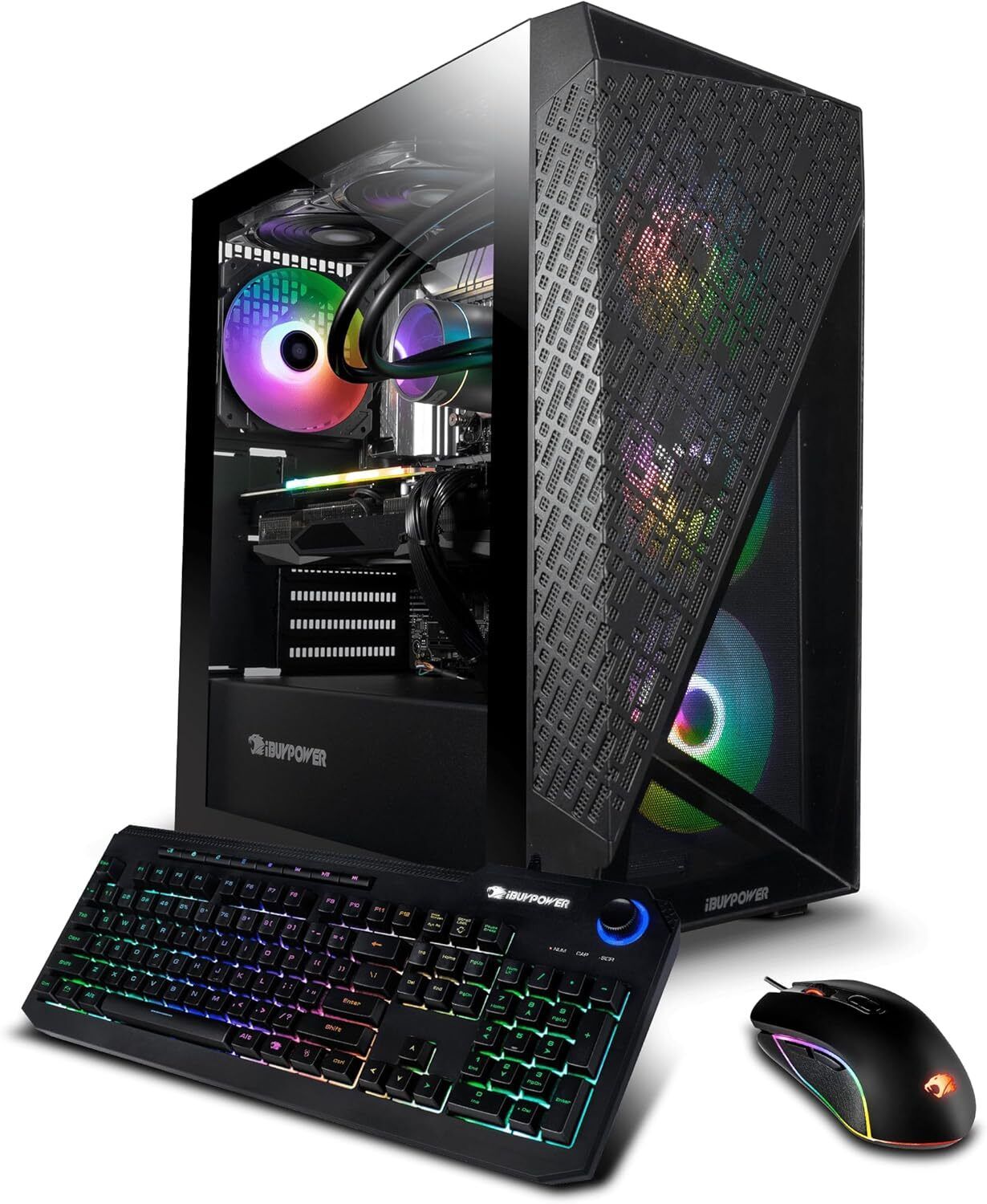 iBuyPower SlateMesh – The Customizable Pick A spacious mesh-front tower with dynamic RGB lighting and room for upgrades, placed in a creative gaming and streaming setup with camera, mic, and LED strips in the background.