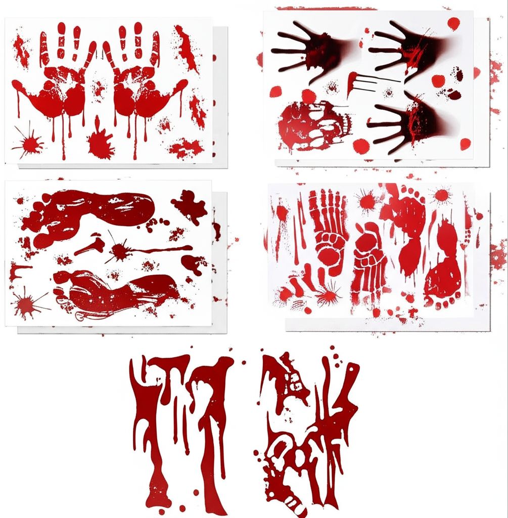 Six rectangular sheets of red blood splatter decals arranged in two rows of three on a solid white background; the designs feature various drips, splatters, and smears in a clean, modern style, presented in a 16:9 landscape aspect ratio