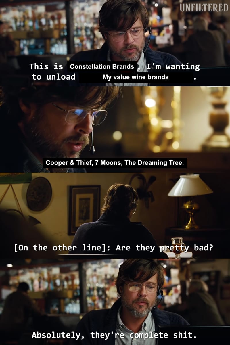 Meme of The Big Short movie where Constellation brands is facilitating a sale to The Wine Group