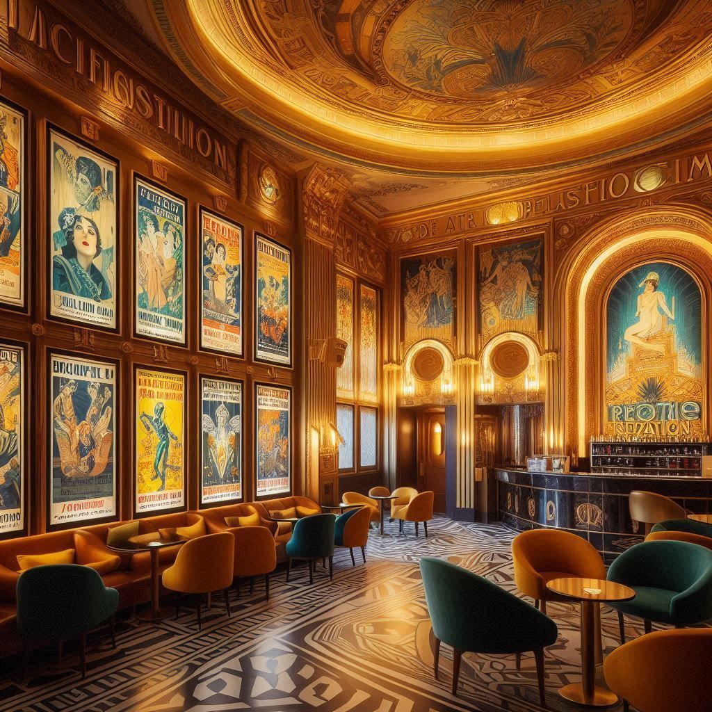 A renovated art deco cinema lobby with vintage movie posters displayed on warm-lit walls