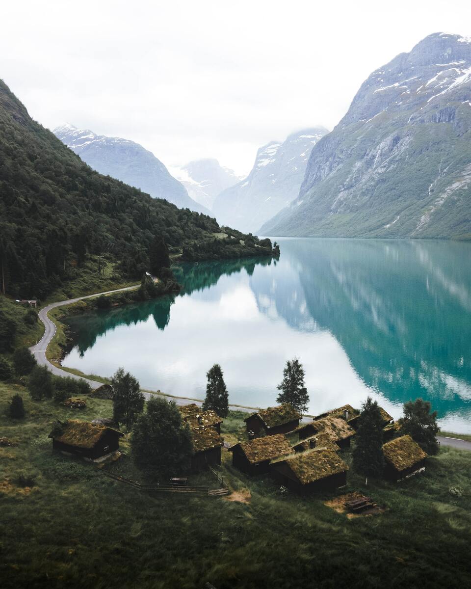 Nordic River town through mountains