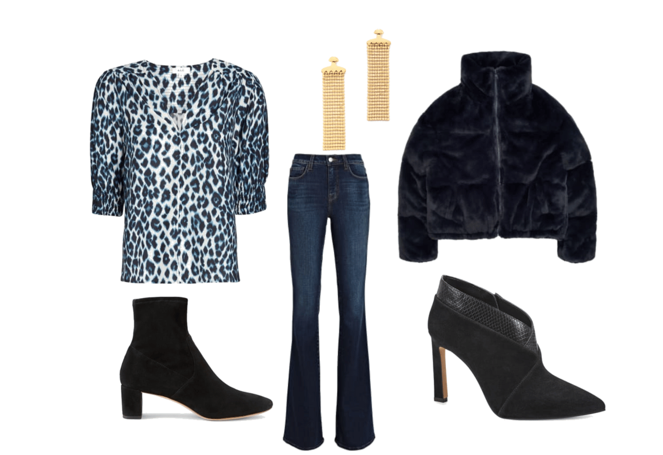 Leopard Top; Bootie; Jeans; Earrings; Faux Fur Jacket; Dip Bootie