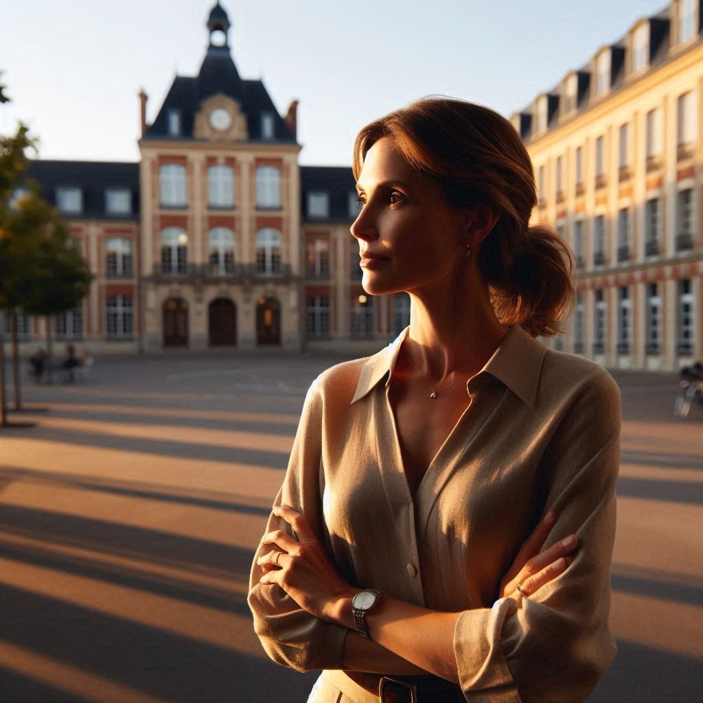Une femme élégante dans la cour d'un lycée au crépuscule, contemplant le bâtiment scolaire avec nostalgie