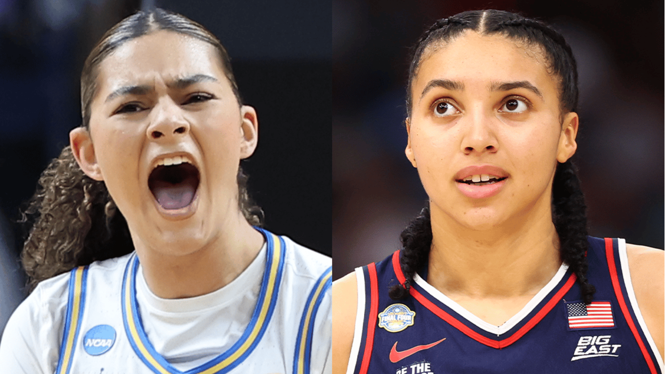 Side by side headshots of UCLA center Lauren Betts and UConn forward Azzi Fudd