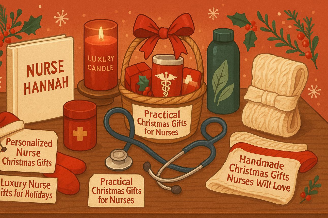 A festive illustration in warm holiday tones displays seven Christmas gift ideas for nurses, including a personalized book titled "Nurse Hannah," a luxury candle, a gift basket with a tumbler and wrapped presents, a stethoscope, an eco-friendly water bottle, and a handmade knitted scarf. Each item is labeled with cream-colored tags representing categories like personalized, luxury, practical, eco-friendly, and handmade gifts, all set against a red-orange background with snowflakes, holly, and greenery.
