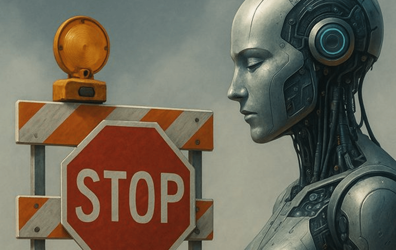 Robots en face d'un panneau de travaux et d'un stop