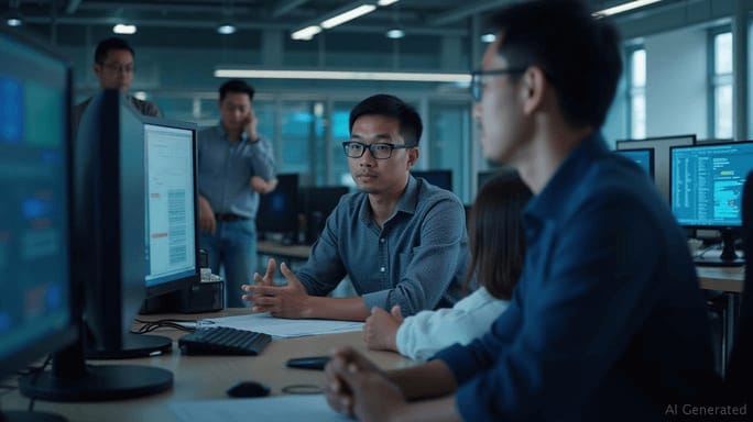 AI-generated image of a modern dev team discussing in an office, with multiple monitors showing code and dashboards. One developer is facing the camera, listening attentively.