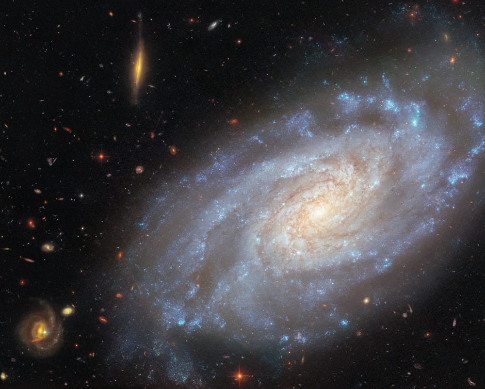 A face-on spiral galaxy with fluffy blue arms around a white center. The galaxy is off to the right a bit, and on the left are dozens of smaller galaxies in the background.