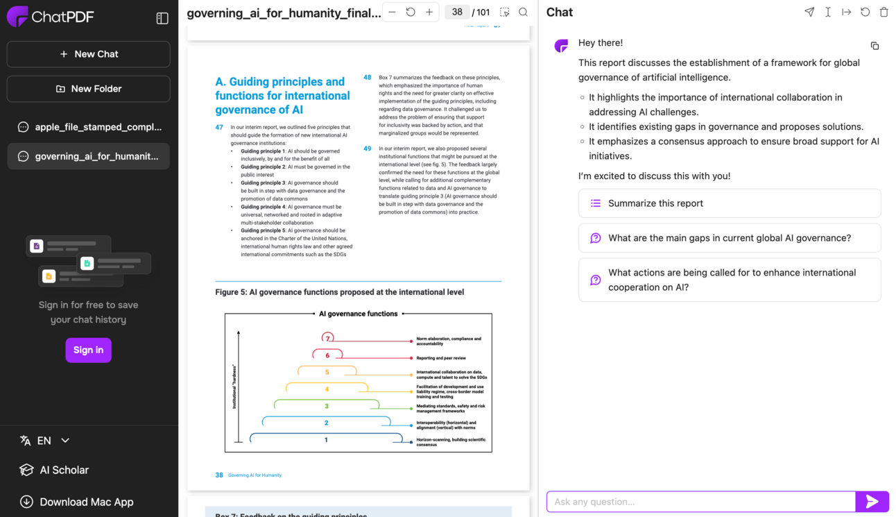 Interface of ChatPDF, including uploaded report and AI responses