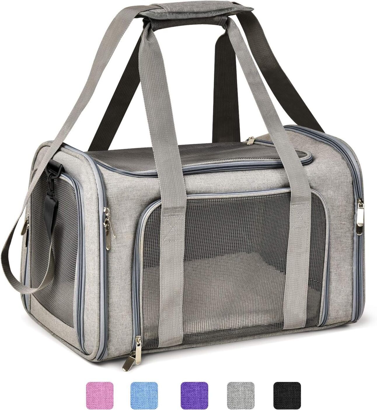 Stylish Pet Carrier or Tote A chic, neutral-toned pet carrier with mesh sides and gold accents, holding a small dog and worn over the shoulder by a woman dressed for a day out.