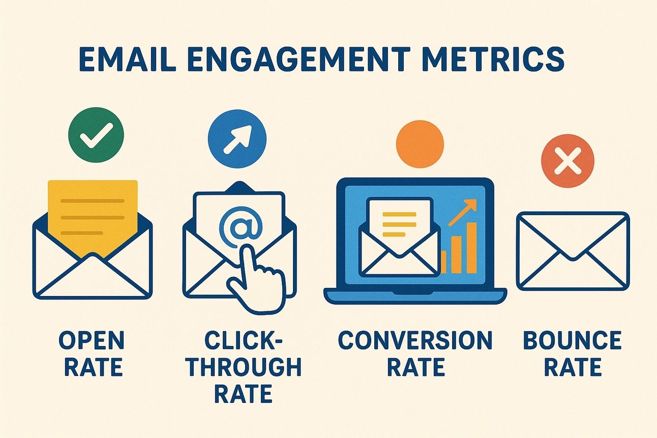 Illustrated infographic showing four key email engagement metrics—open rate with an envelope and check mark, click-through rate with a pointer on an email icon, conversion rate with a laptop and growth chart, and bounce rate with a red X over an envelope.