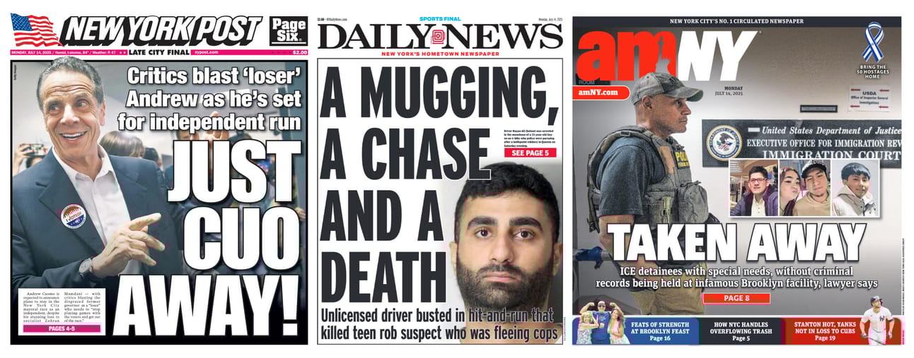 New York Newspaper Front Pages for July 14th, 2025