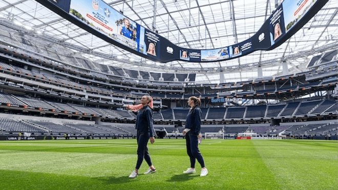 Tara McKeown #4 and Trinity Rodman #2 of the United States stand on the field before a game between Brazil and USWNT at SoFi Stadium 