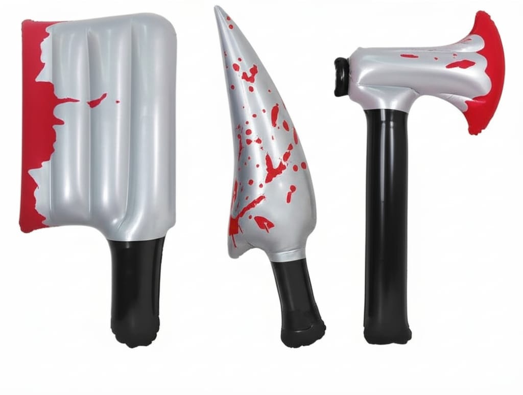 Three silver and black inflatable toy weapons—a meat cleaver, a pointed knife, and a double-headed axe—each with stylized red 'blood' splatter, arranged side-by-side against a solid white background in a clean, modern, professional style. Landscape 16:9 aspect ratio.