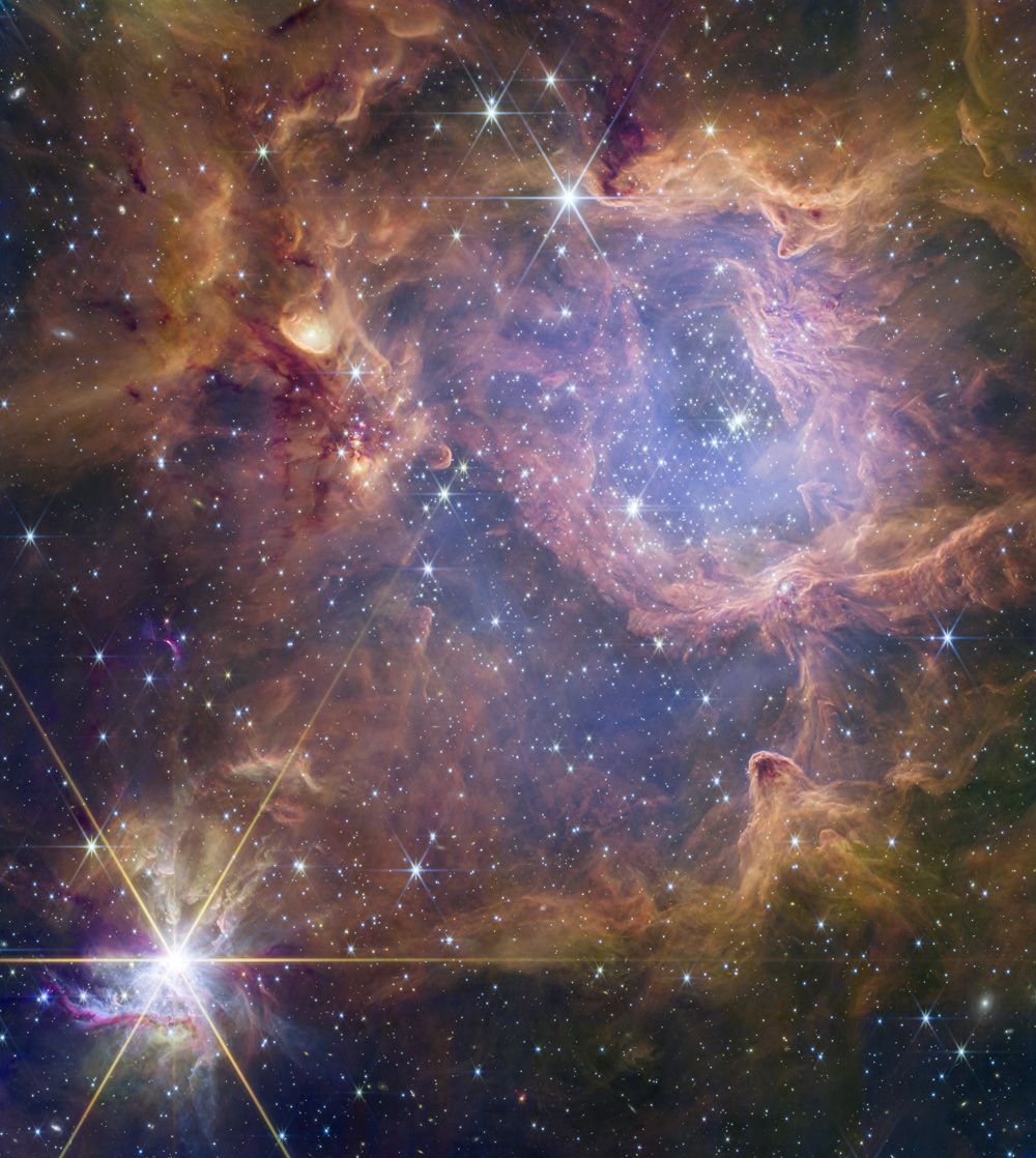 Orange and reddish material is strewn across the image, creating an alien landscape peppered with thousands of stars, including one intensely bright one at the lower left.