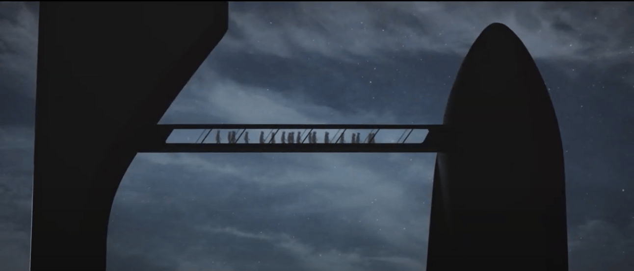 Silhouetted scene of people walking through a glass-enclosed skybridge connecting a tower to the SpaceX starship against a cloudy, star-filled night sky.