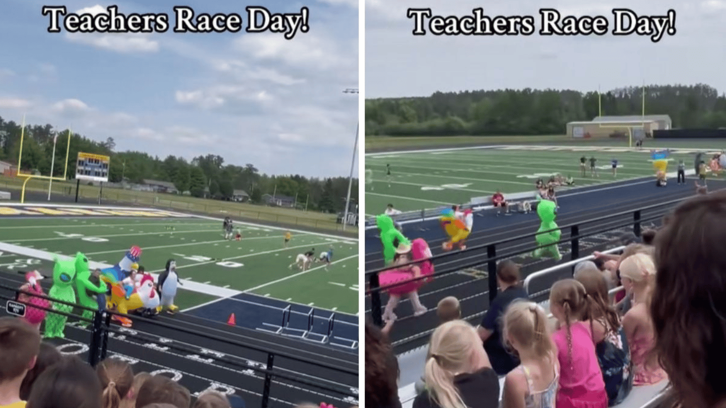 Images show teachers in silly blow-up costumes for a race on field day.